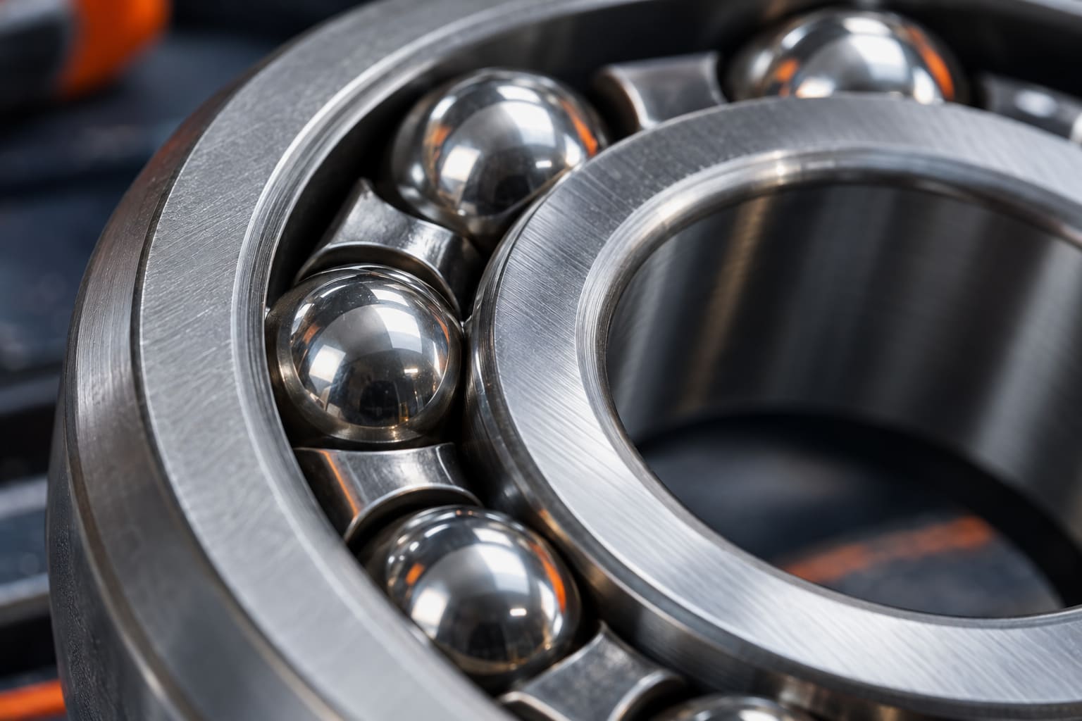 Macro view of the balls and race inside a bearing